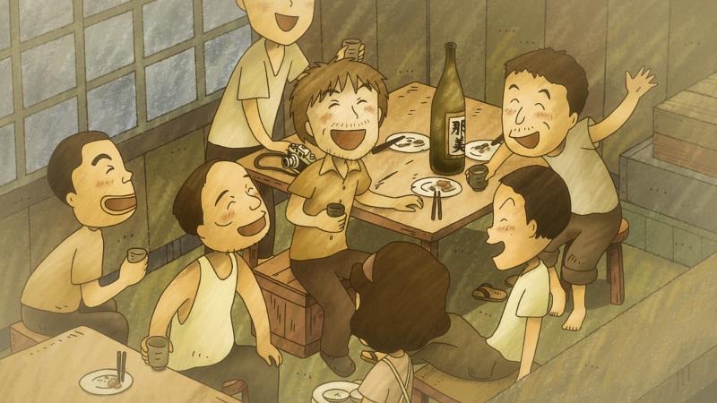 六人围着小桌喝酒谈笑，画面呈现褐色旧照片质感