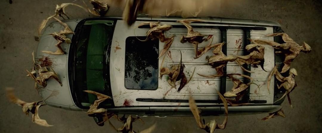 数十只翼状生物从上方包围一辆浅色汽车